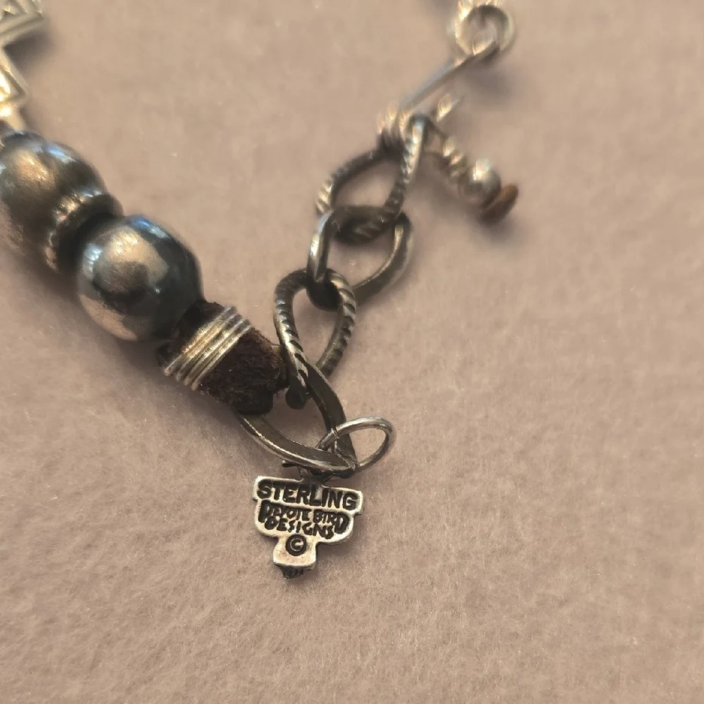 Sterling Silver Peyote Brand Designs  Cross Leather Bracelet